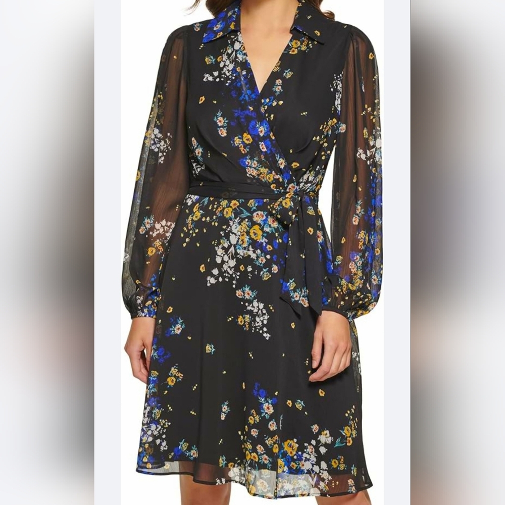 Dkny Black Floral Wrap Dress with Blue & Yellow Accents